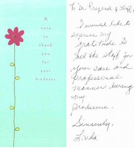 Thank you Card from Dr. Prasad's patients "A note to thank you for your kindness"