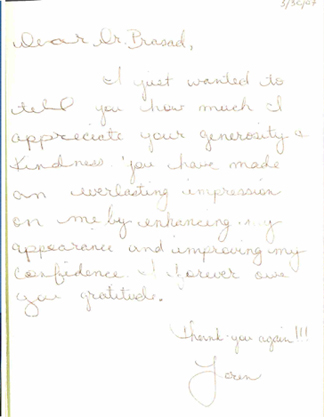 thank-you-card from Dr. Prasad's patients